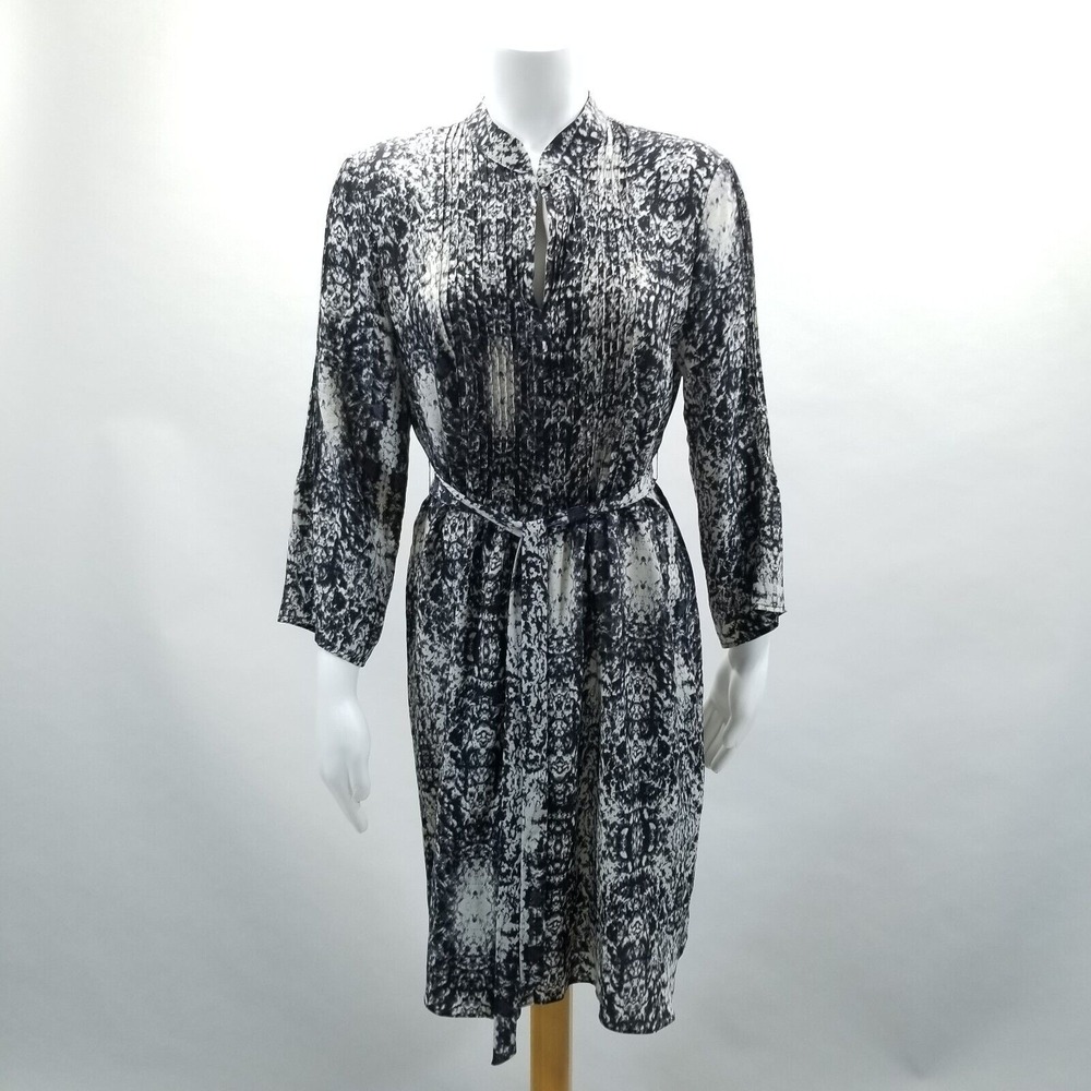 SW3 Bespoke Dress Women M Black White 100% Silk Pleated Keyhole Mandarin Collar